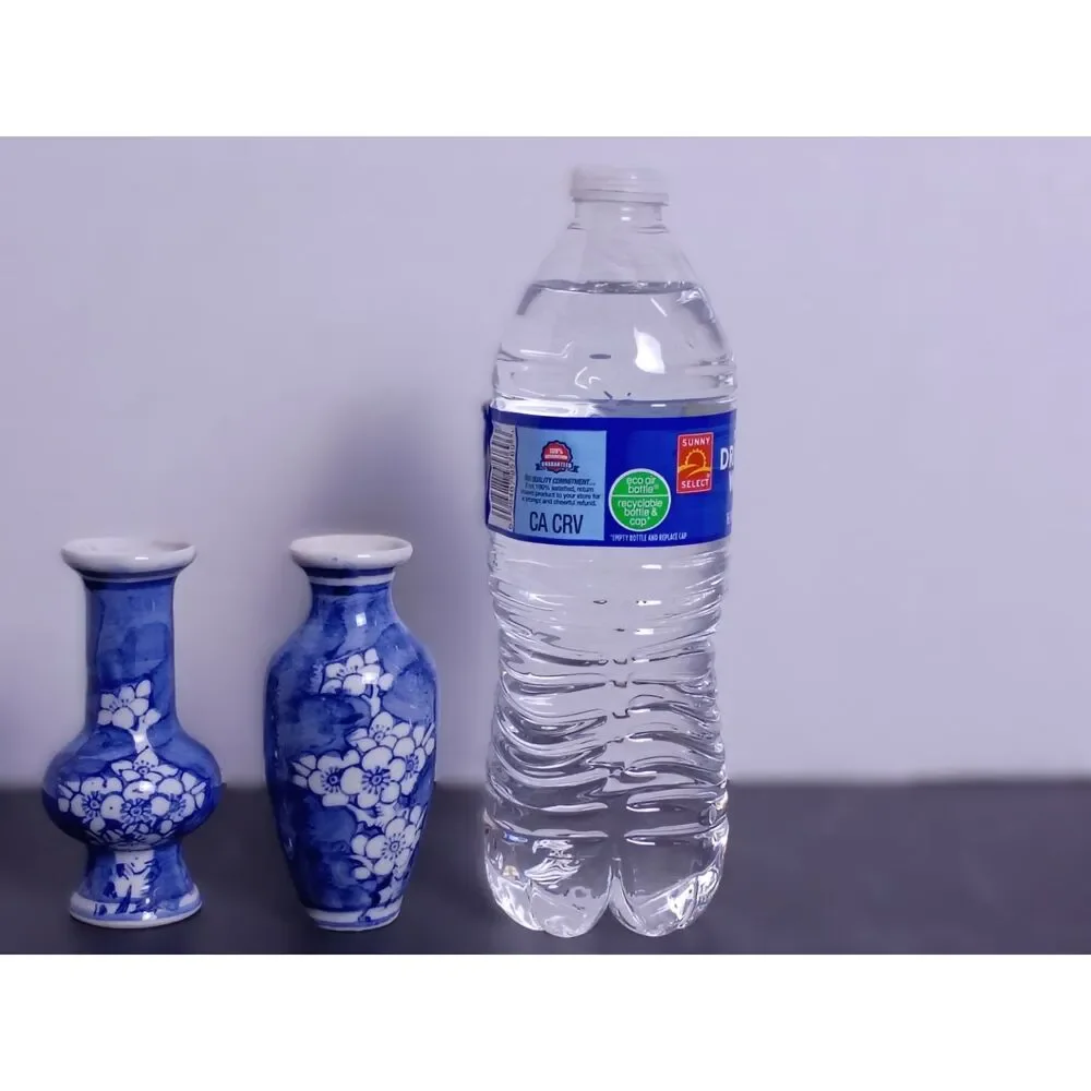 Vintage Set Of 2 Chinoiserie Cherry Blossom Chinese Mini Bud Vases Blue & White